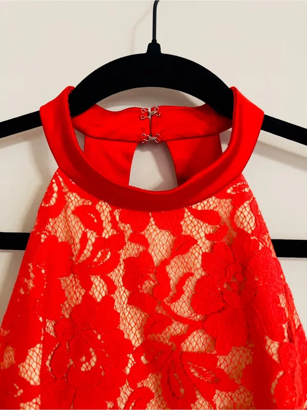 ABS Allen Schwartz Red Floral Lace Halter Dress Sheath Cocktail Wedding Guest 4 - Image 5