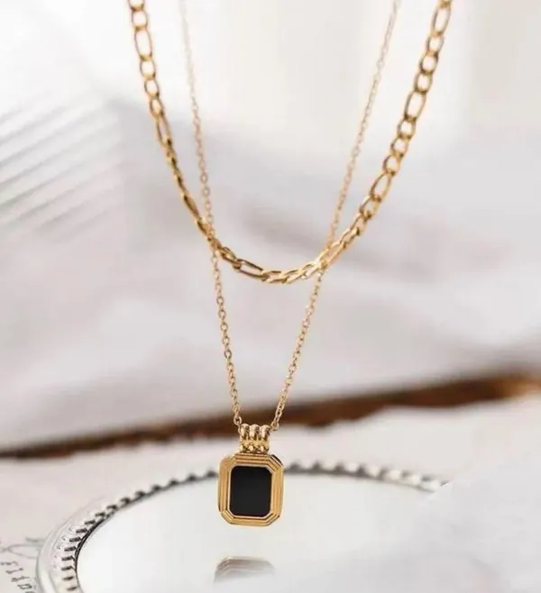 Onyx Necklace, Gold Layers Necklace, Gold Chain Necklace - Image 2