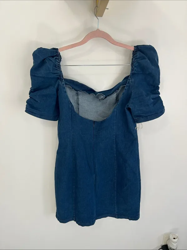 Alpha & Omega Stretch Denim Puff Sleeve Mini Dress - Image 2