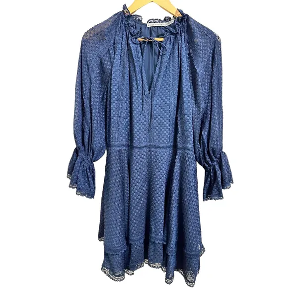 Alice+ Olivia Joanne Tiered Handkerchief Hem Dress Sapphire Blue‎ Lace Trim sz 2 - Image 2