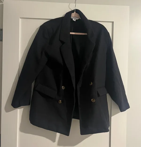 Navy Blue Double Breasted Textured Blazer Size Medium Petite - Image 2