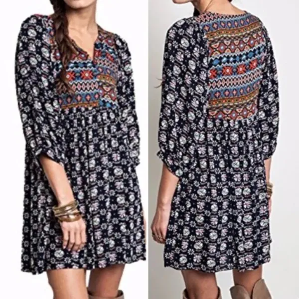 Umgee Navy Boho Aztec Print Mini Dress 3/4 Sleeve Babydoll Tunic Size Medium - Image 3