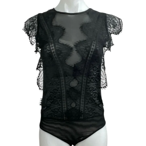 Zara Women's Black Lace Sheer Mesh Ruffle High Neck Cap Sleeves Bodysuit Top S - Image 4