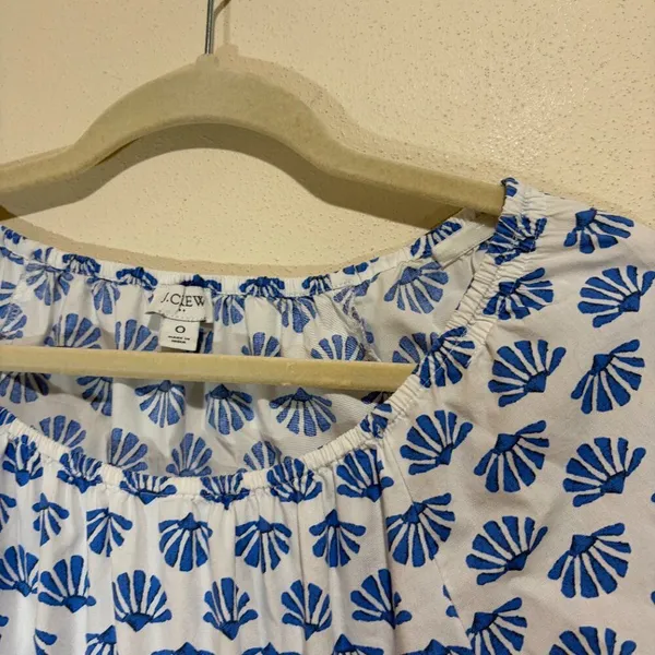 J Crew 0 Scoopneck Tiered Cotton Poplin Mini Dress Blue Pattern Block Print - Image 6