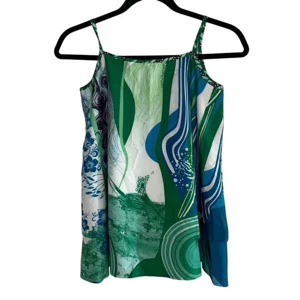 Layered‎ Abstract Tank Top Small Green Blue Flowy Strappy Boho Asymmetrical Top - Image 3