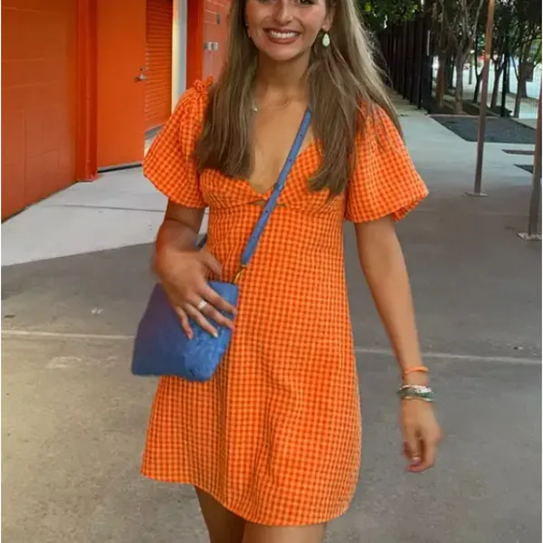 Louna Orange Gingham Mini Dress SMALL Peasant Puff Sleeve Milkmaid Cotton $108 - Image 5