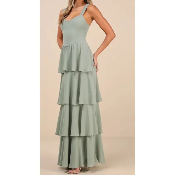Lulus Carlynda Tiered Bustier Maxi Dress in Sage Brush - Image 3
