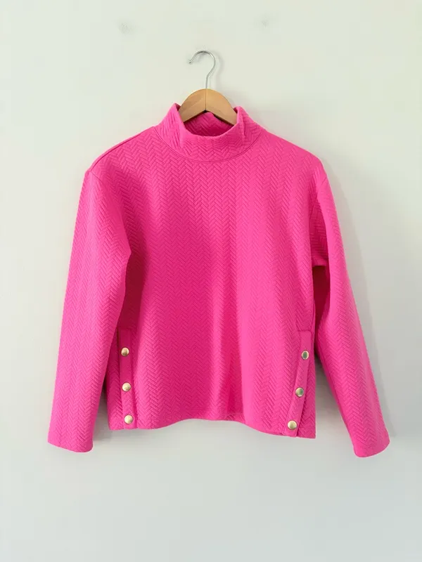 J. Crew Factory Herringbone mockneck sweatshirt snap in soft fuchsia pink Size M - Image 3