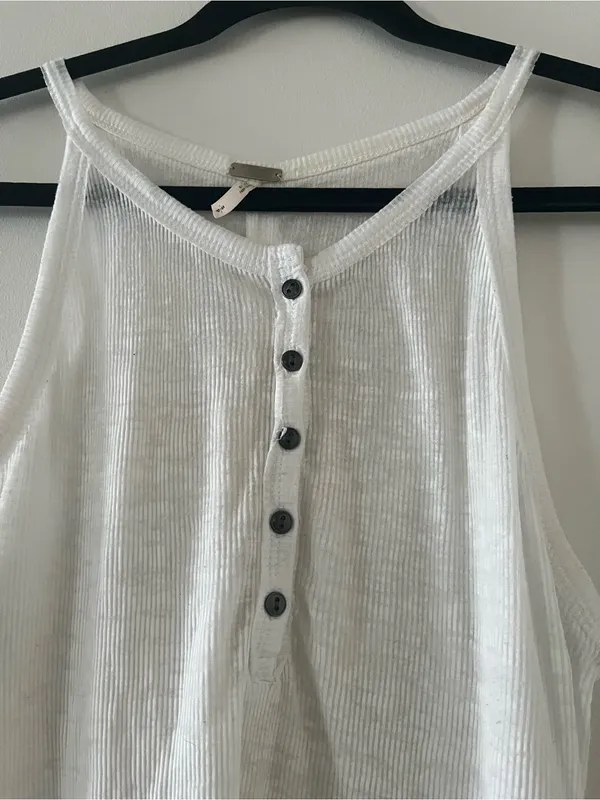 Free People Beach White Henley Ribbed Tank Top Small Cotton Coastal Beach Casual - Image 3