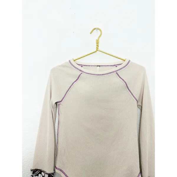 Free People She's Reversible Cuff Thermal Tee Oatmeal Size Small Bohemian - Image 5