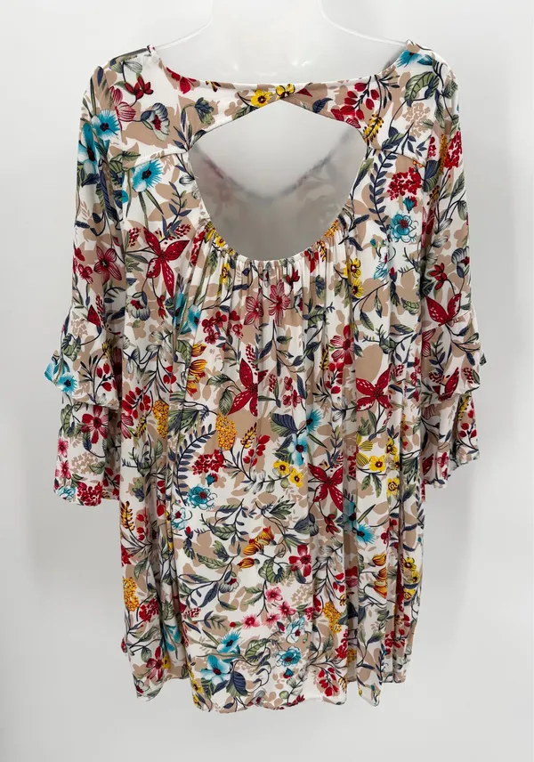 Entro Dress Womens S Floral Tunic Minidress Rayon Ruffle 3/4 Sleeve Cutout Boho - Image 2