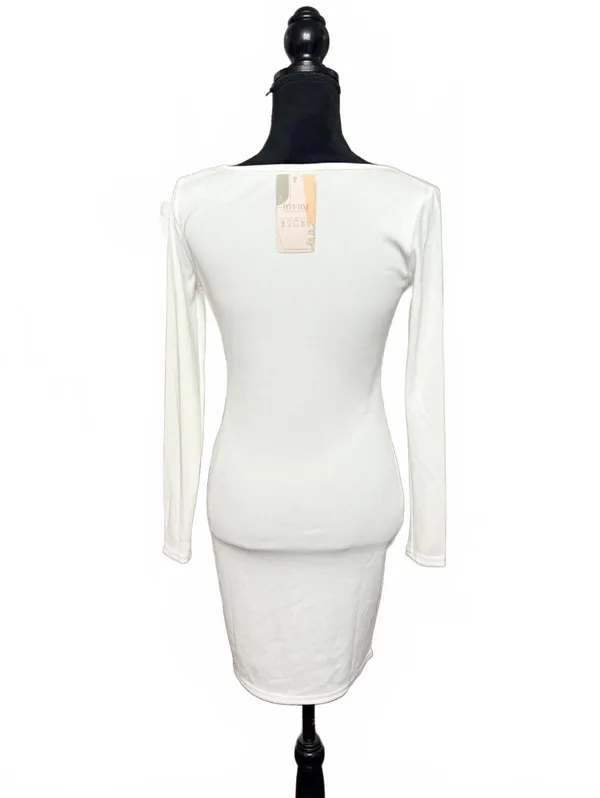 White Long Sleeve Buttoned Ribbed Knit Dress Size M - Image 2