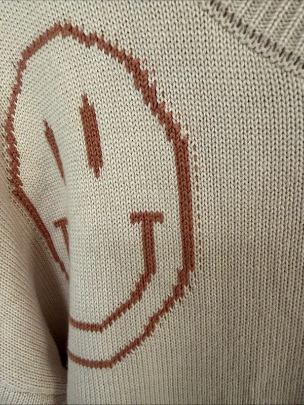 Neutral Beige Smiley Crewneck Sweater Tan Size M - Image 4