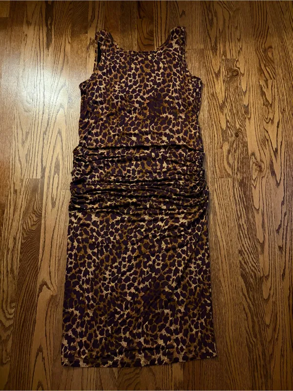 SKiVYS Femme Midi Side Hustle Dress Leopard Ruched Bodycon Size L - Image 6