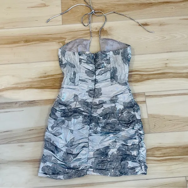 ZARA METALLIC DRAPED HALTER MINI DRESS SILVER W/ Black Floral Zipper Size Small - Image 2