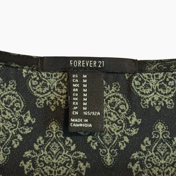 Forever 21 Wrap Blouse Womens Medium Green Black Excellent Damask Long Sleeve - Image 2