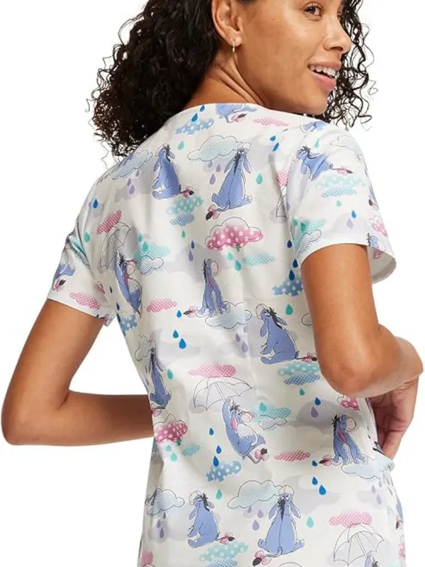 Disney Eeyore Sunshower Womens Scrub Top V-Neck Short Sleeve Pockets Size Small - Image 13