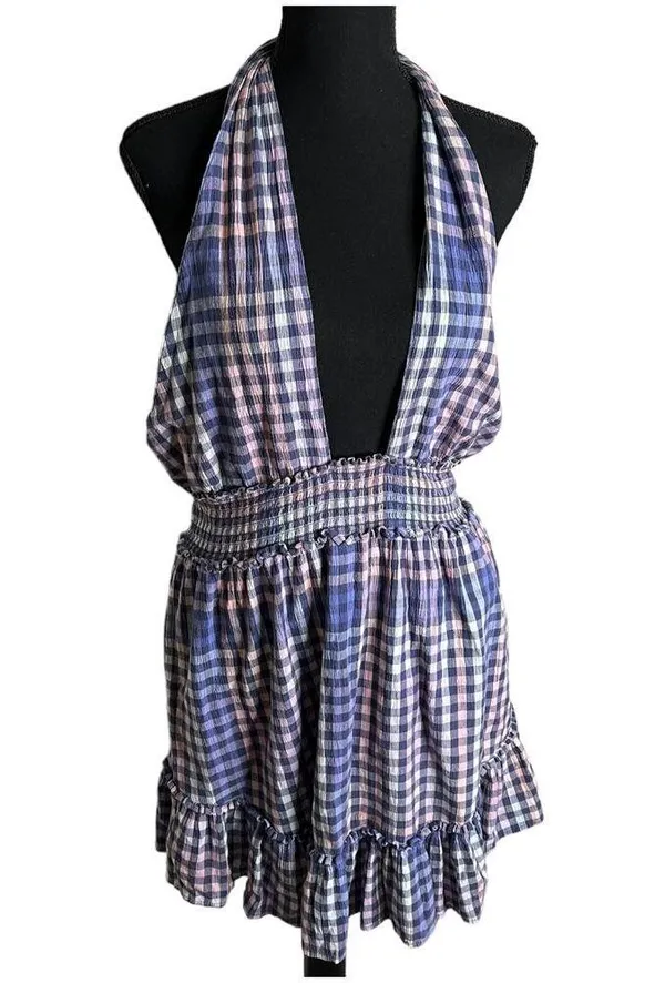 Aerie Checkered Plaid Spring Fling Crossover Halter Dress Large Women’s Purple - Image 2