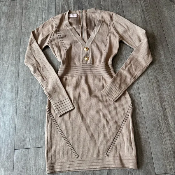 🍒AMTIOUS Elegant Tan Knit Dress - Image 8