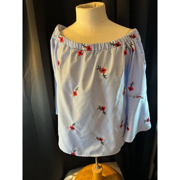 Always Indigo Womens XL Blue White Striped Poppy Floral Off Shoulder Blouse Top - Image 3
