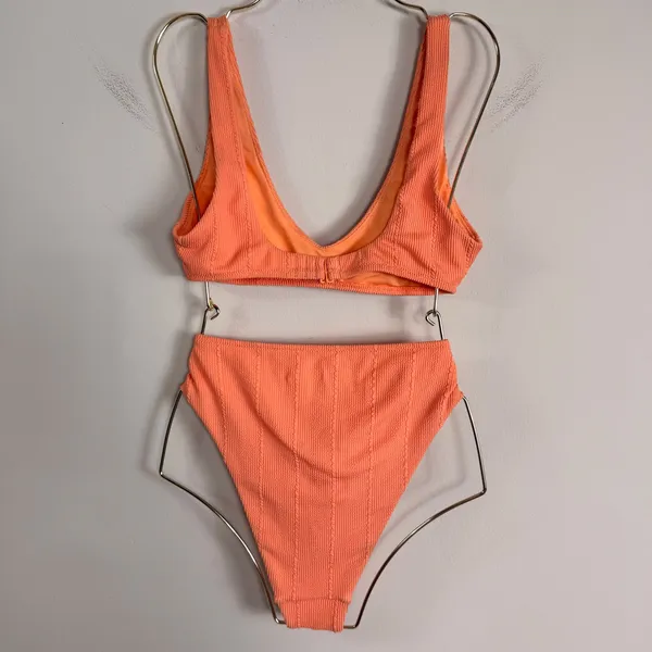 Aerie Orange Textured High Waisted Bikini Set V-Neck Bralette Top Small Medium - Image 2
