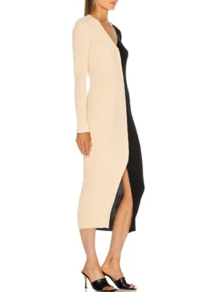 STAUD Shoko Two Tone Ribbed Button Down Midi Dress Colorblock Cream tan Black XS - Image 3