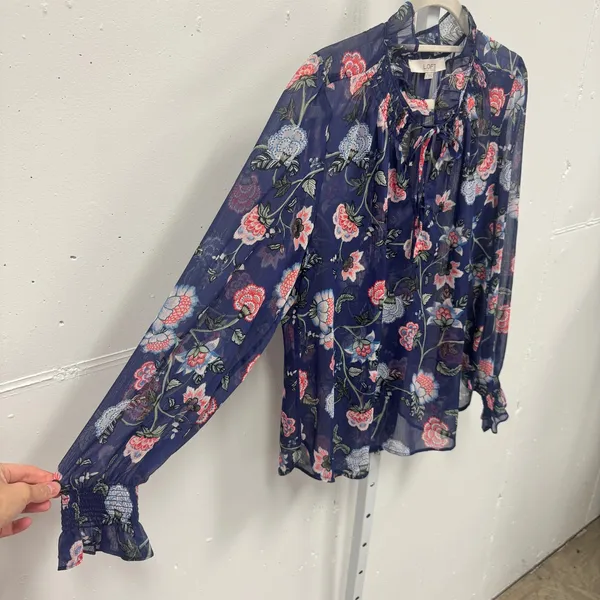 LOFT Floral Chiffon Ruffle Tie Neck Smocked Cuff Blouse Large Navy Blue Sheer - Image 5