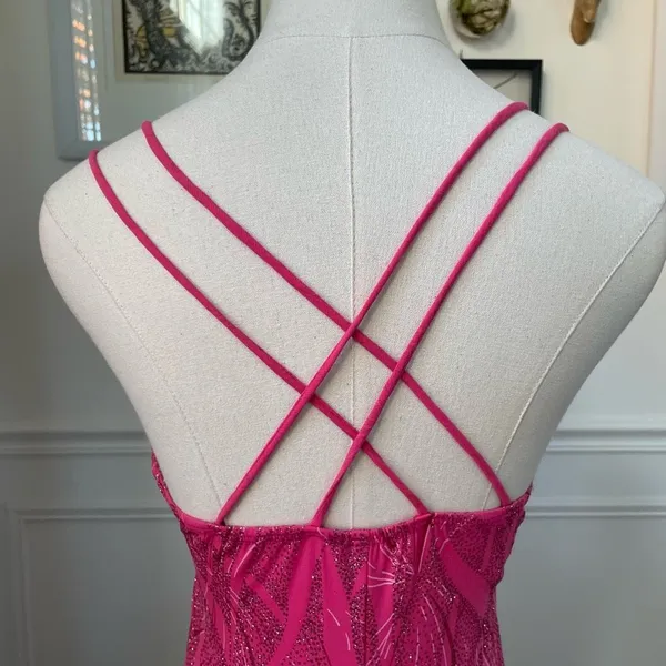 Vintage Y2K Ynes Stretchy BodyCon Mini Dress Bold Pink Glitter S - Image 4