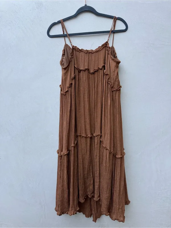 Marlowe Sirena Maxi Dress Brown Boho Ruffle Tiered Crinkle Gauze M - Image 2