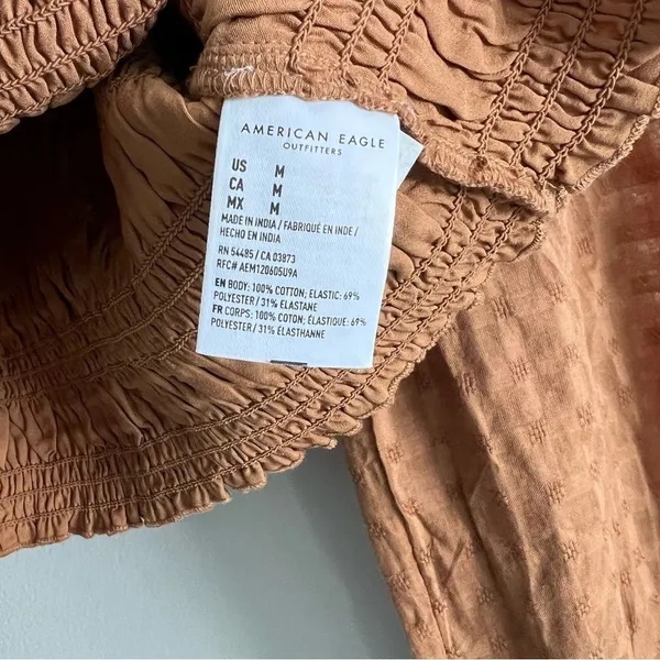 American Eagle Smocked Blouse NEW Brown Puff Long Sleeve Size Medium Square Neck - Image 6