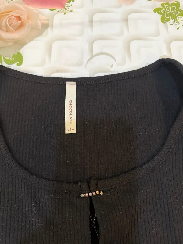 Chocolate Black Ribbed Crop Top with Front Lace-Up Detail - Image 2