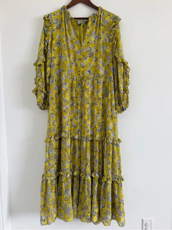 Alexis Auja Floral Print Crepe Midi Dress Lime Green Yellow Ruffle Size Small - Image 2
