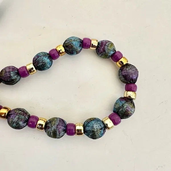Blue purple and gold ribbon beaded necklace - Image 6