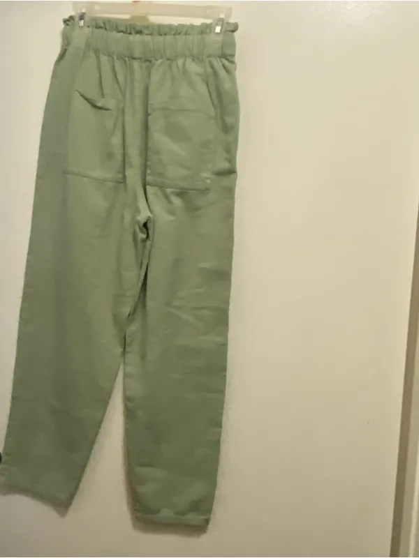 Zara Womens Pants S Small Olive Sage Green Paperbag Waist Light Denim Casual - Image 4