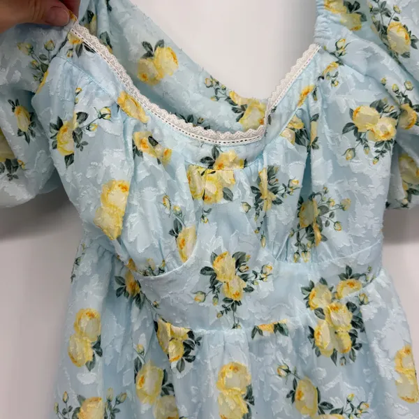 Altar'd State Blue Yellow Floral Puff Sleeve Tie Back Mini Dress Medium Coquette - Image 3