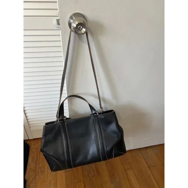 Ellen Tracy Black Leather Tote Bag Satchel Contrast Piping Silver Hardware - Image 2