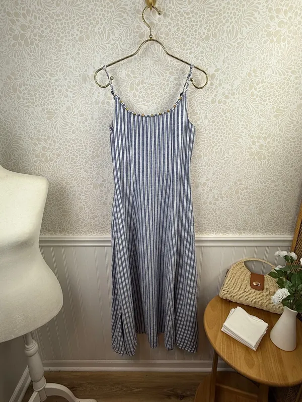Calypso St. Barth Linen Blue White Striped Beaded Strap Maxi Dress - Size - XS - Image 5
