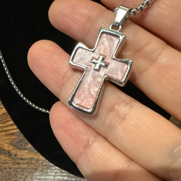 Pink Iridescent Cross Pendant Necklace - Image 3