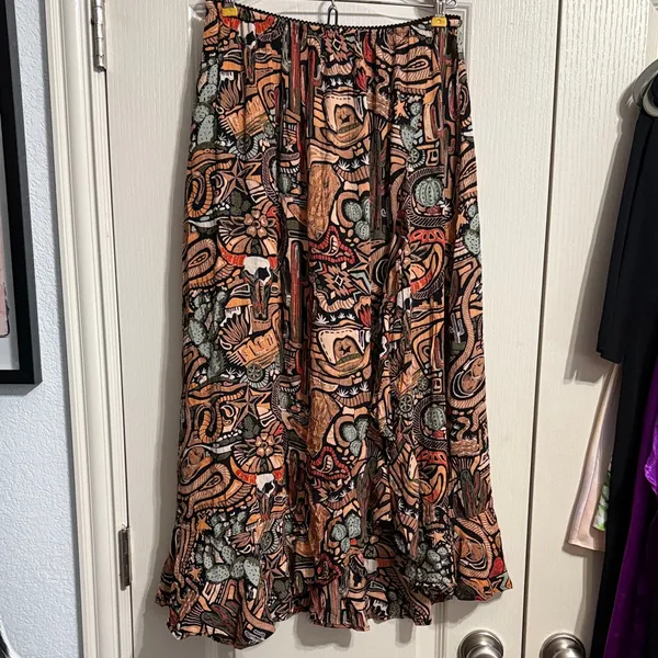 Deadstock Y2K Abstract Western Boho Cowgirl Print Ruffle High Slit Midi Skirt - Image 2