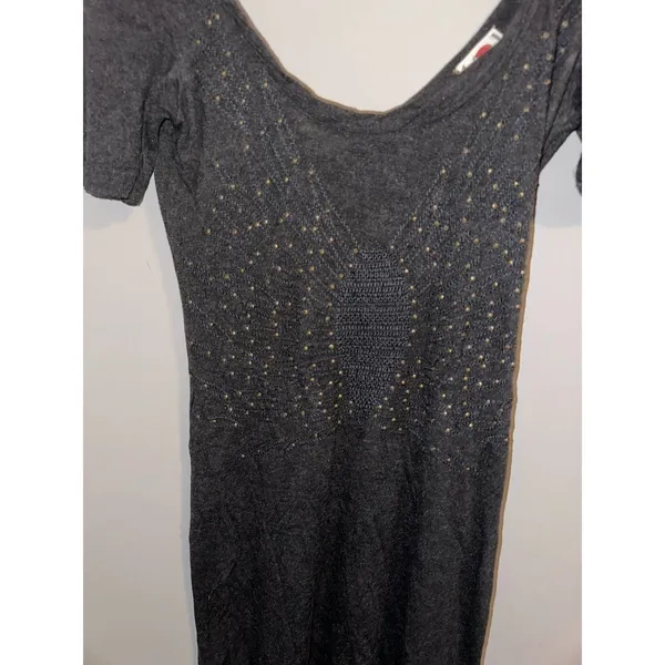 Free People Dark Gray V-Neck Knit Studs Short Sleeve Boho‎ Shift Dress - small - Image 2