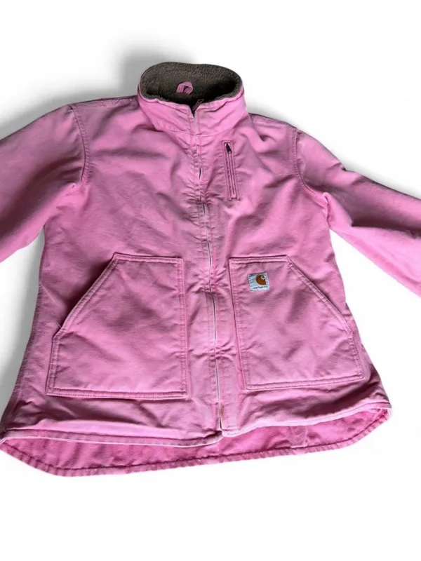 VTG Carhartt Women's RARE Pink Sherpa Lined WIP Work Jacket Size M WJ022 PKR - Image 3