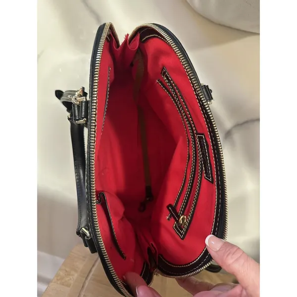 Dooney & Bourke Satchel Black Pebble Leather Zip Close W/ Strap Red Lining EUC - Image 5