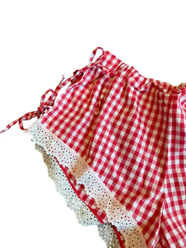 Colsie Red White Plaid Check Two Piece Outfit Set Crop Top Shorts Lace Size XS - Image 3