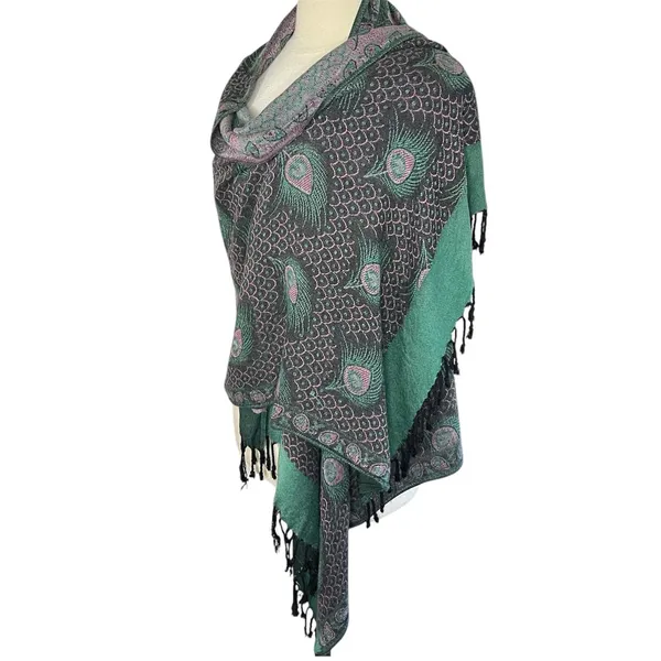 BOHEMIAN Peacock Feathers Print Pashmina, Black Green Pink - Image 3