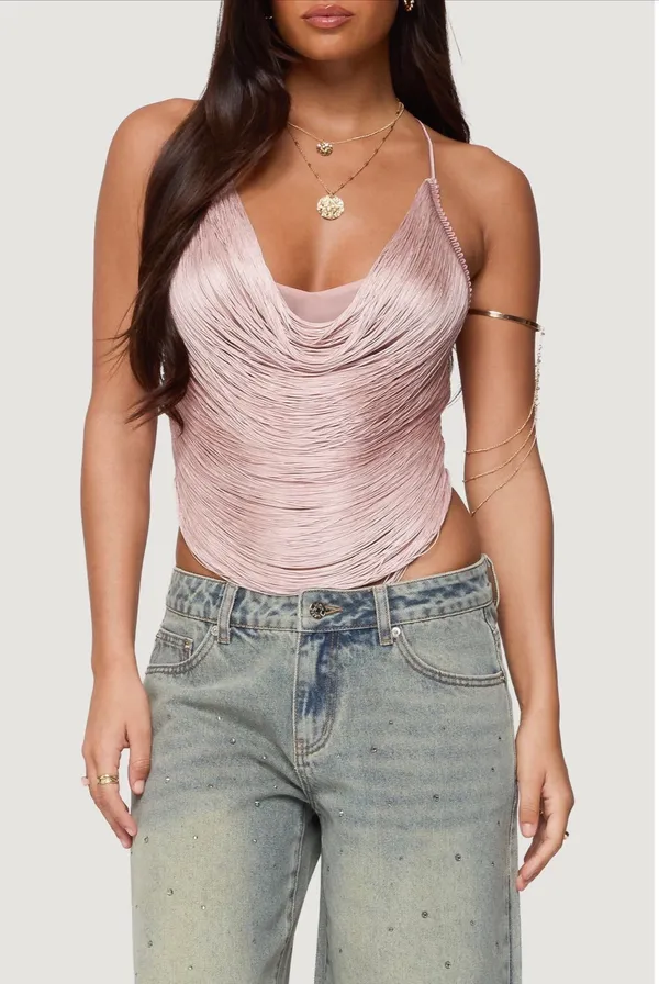 EDIKTED Elenie Pink Fringe Cowl Neck Crossback Top - Image 5