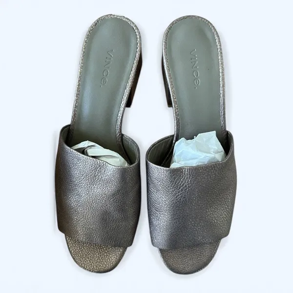 Vince Karissa Metallic Leather Slide Block Heel Sandals Size 8 Quiet Luxury Y2K - Image 2