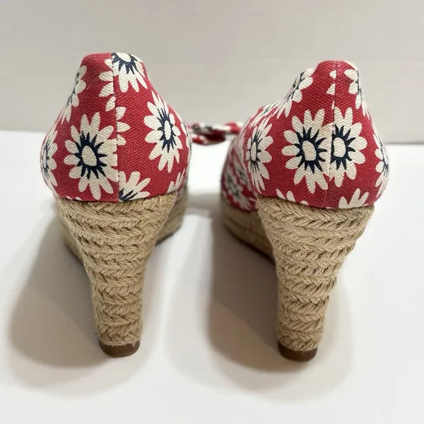 Tory Burch Dory Red Floral Canvas Peep Toe Wedge Espadrilles Size 7.5 Beachy - Image 3
