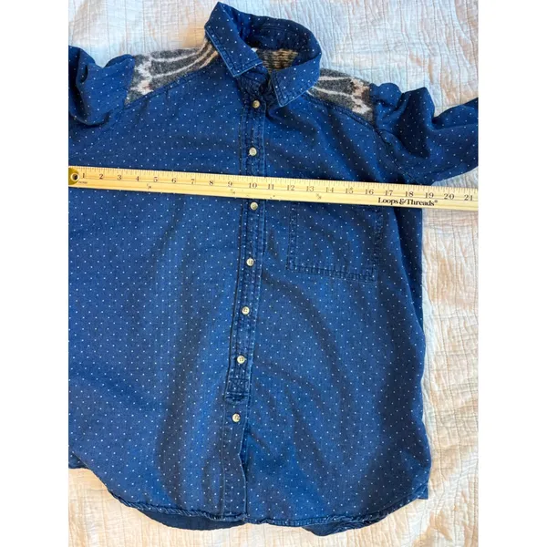Free People Polka Dot Denim Button Down Shirt Fair Isle Knit Yoke Blue western - Image 8