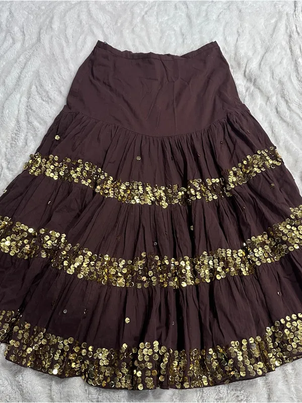 Wet Seal Brown Sequin Tiered Midi Skirt Boho Festival Y2K Size Small - Image 2