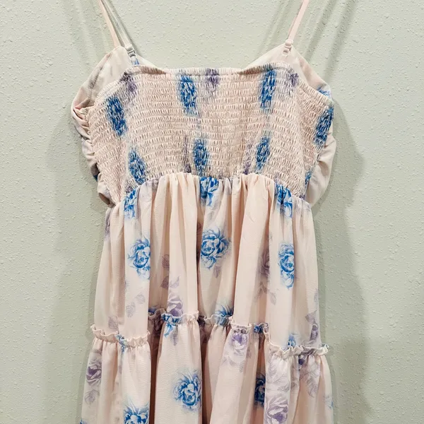 Floral Tie Front Tiered Ruffle Mini Dress Pink/Blue Rose Smocked Back Summer - L - Image 6